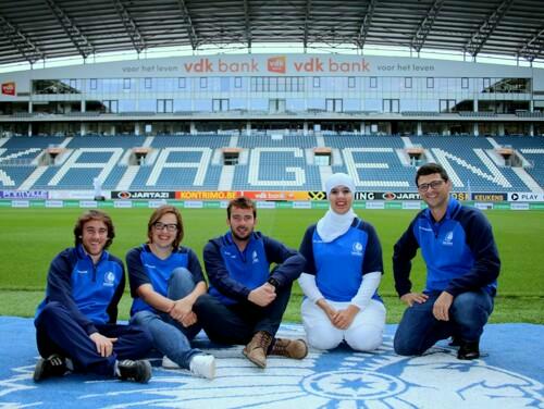 Het team achter de KAA Gent Foundation: Jonas Devits, Ellen De Jans, Pierre Van der Veken, Nasima El-Barkani en Wim Beelaert.