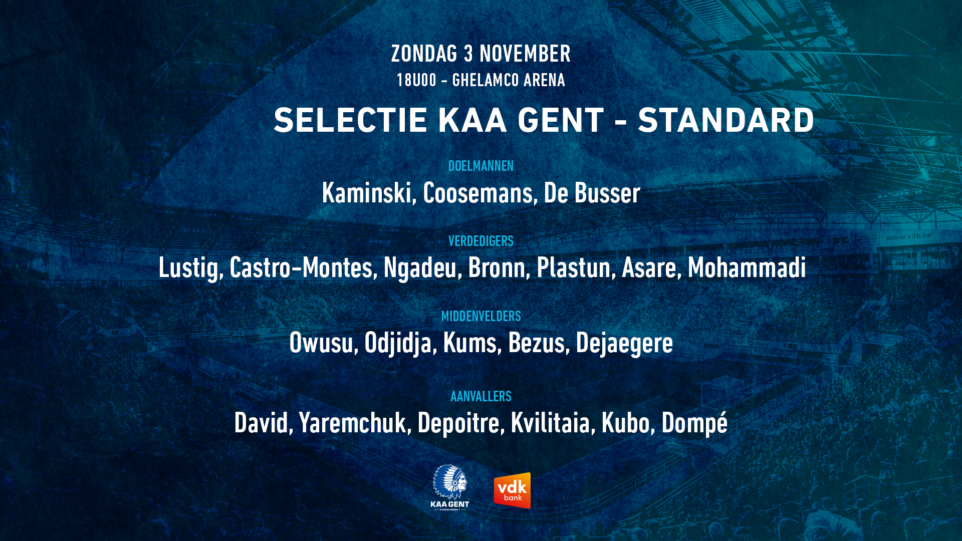 Selectie voor KAA Gent - R Standard de Liège